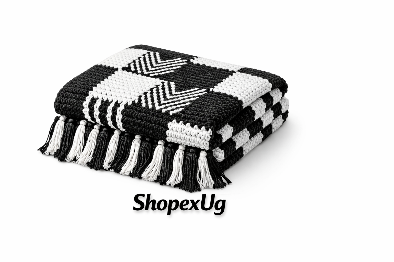 B&W CROCHET BLANKET WITH TASSELS