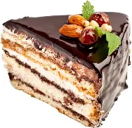 chocolate cake slice with fruit toppings